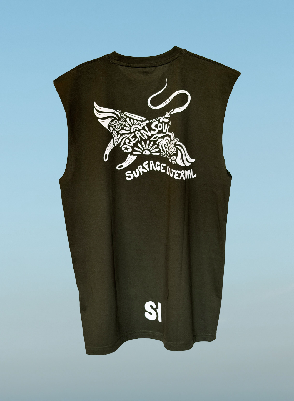Olive green sleeveless shirt with white graphic design on a light blue background
