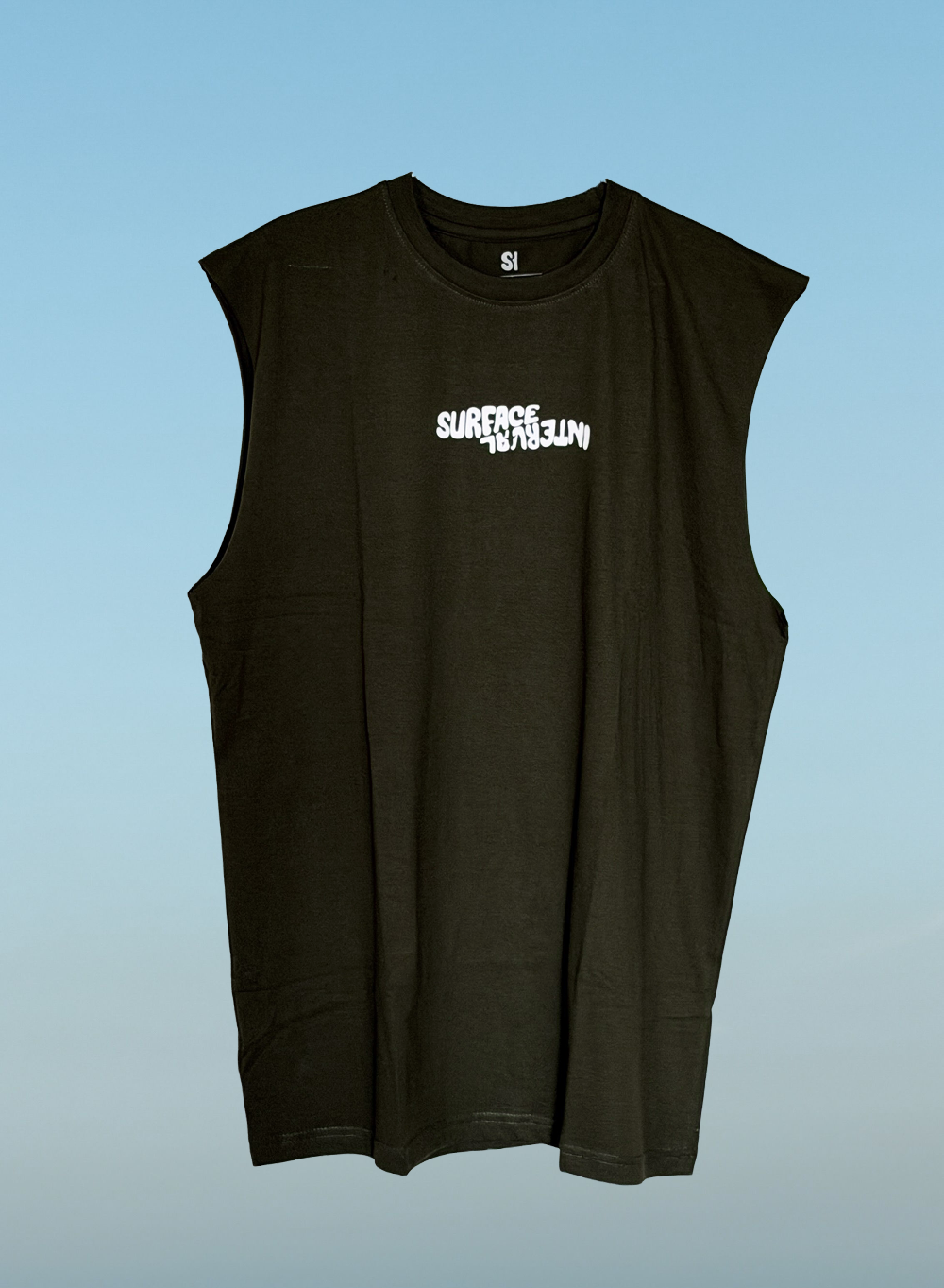 Olive green  sleeveless shirt with white text on a blue background