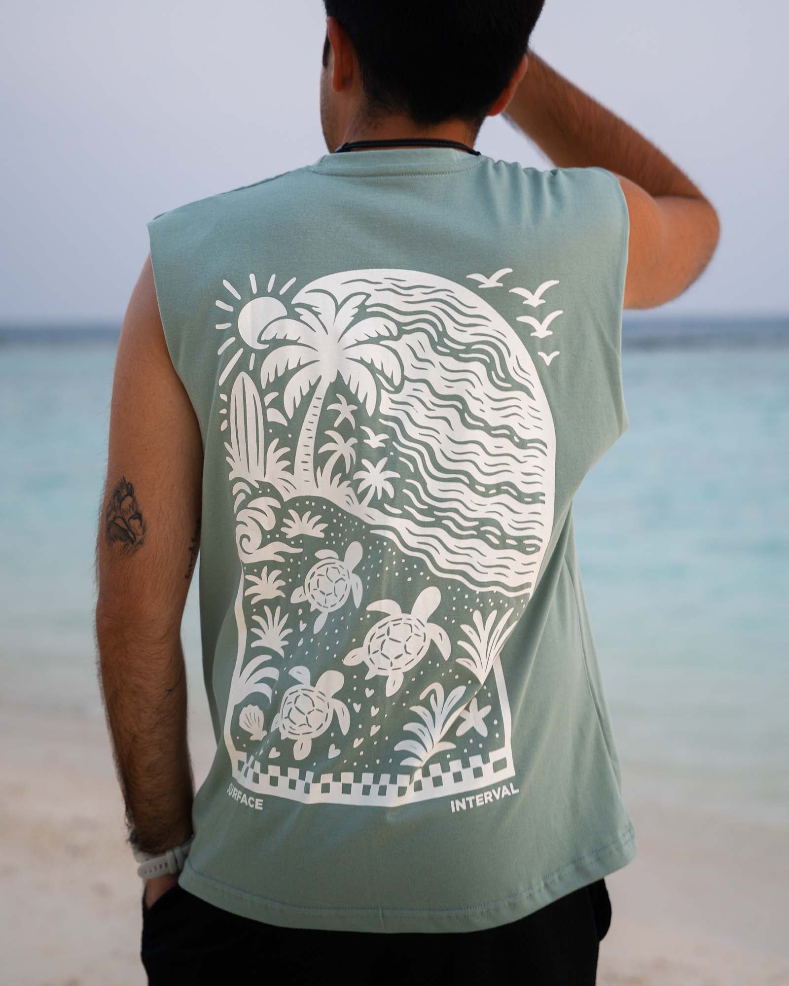 Man wearing Slow Living Tank Top – Surface Interval, back 