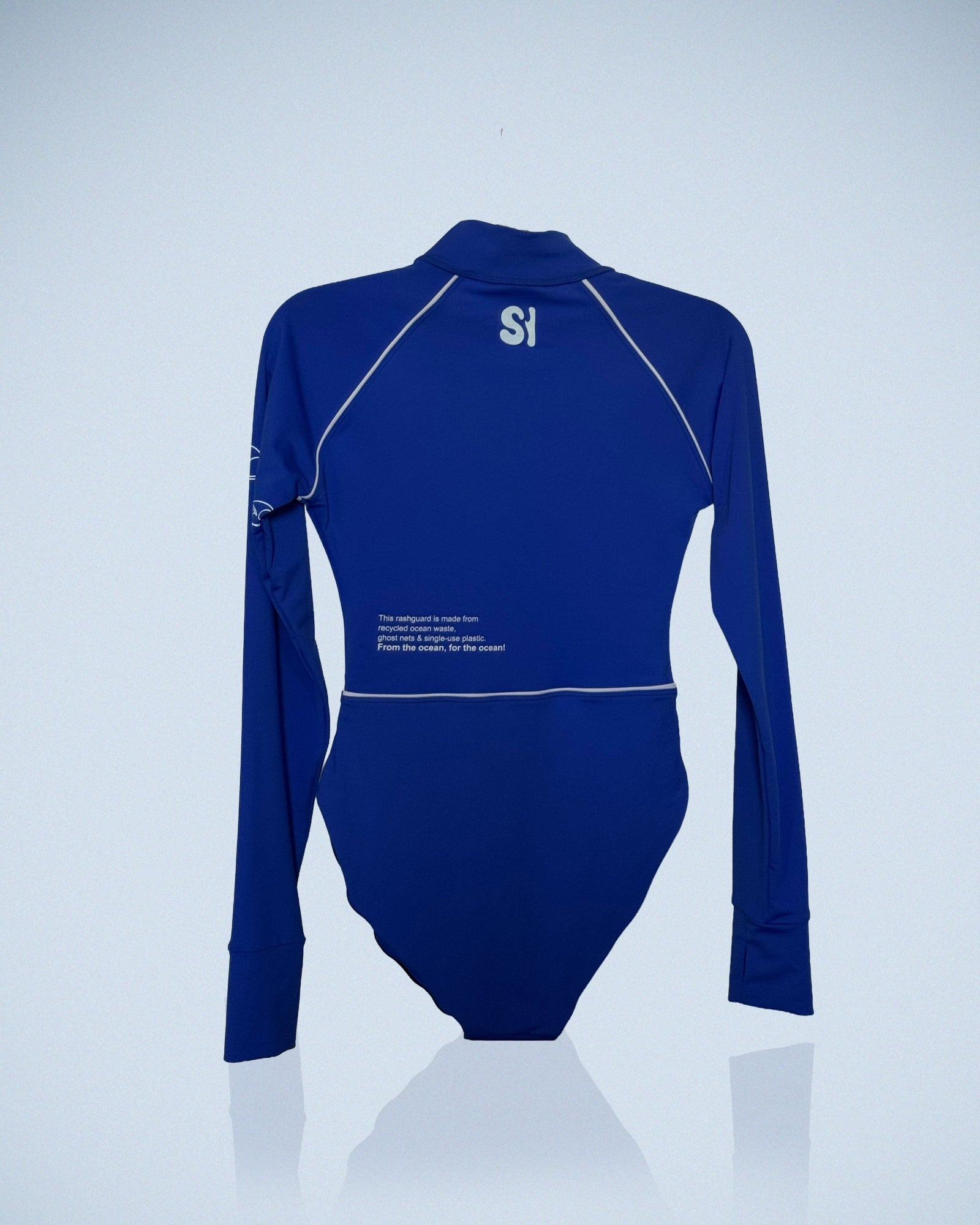 Blue bodysuit with long sleeves on a light gray background