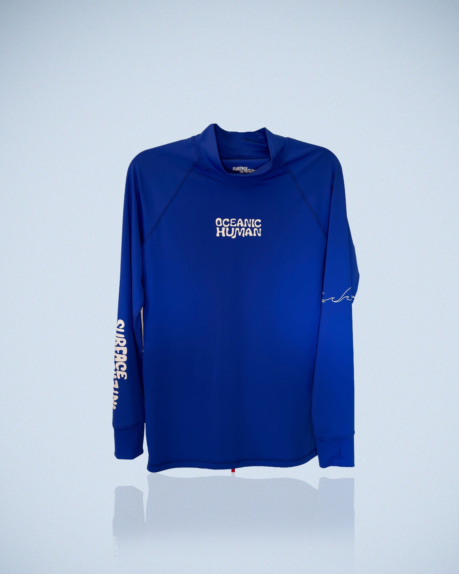 Front view of Blue Oceanic Human Rashguard 2.0 unisex rashguard made from recycled ocean waste and regenerated nylon