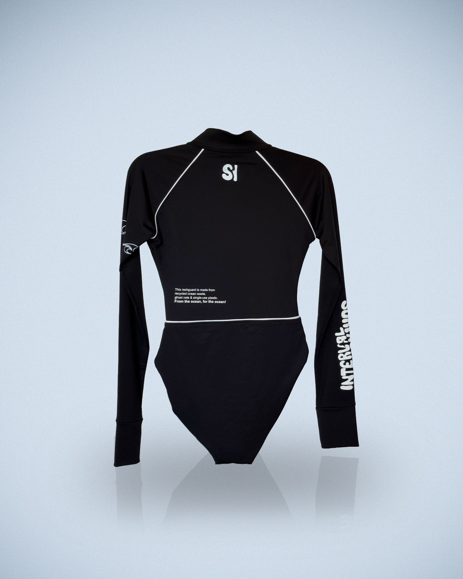 Back view of SI One-Piece Rashguard Black women's sustainable swimwear with long sleeves and athletic fit