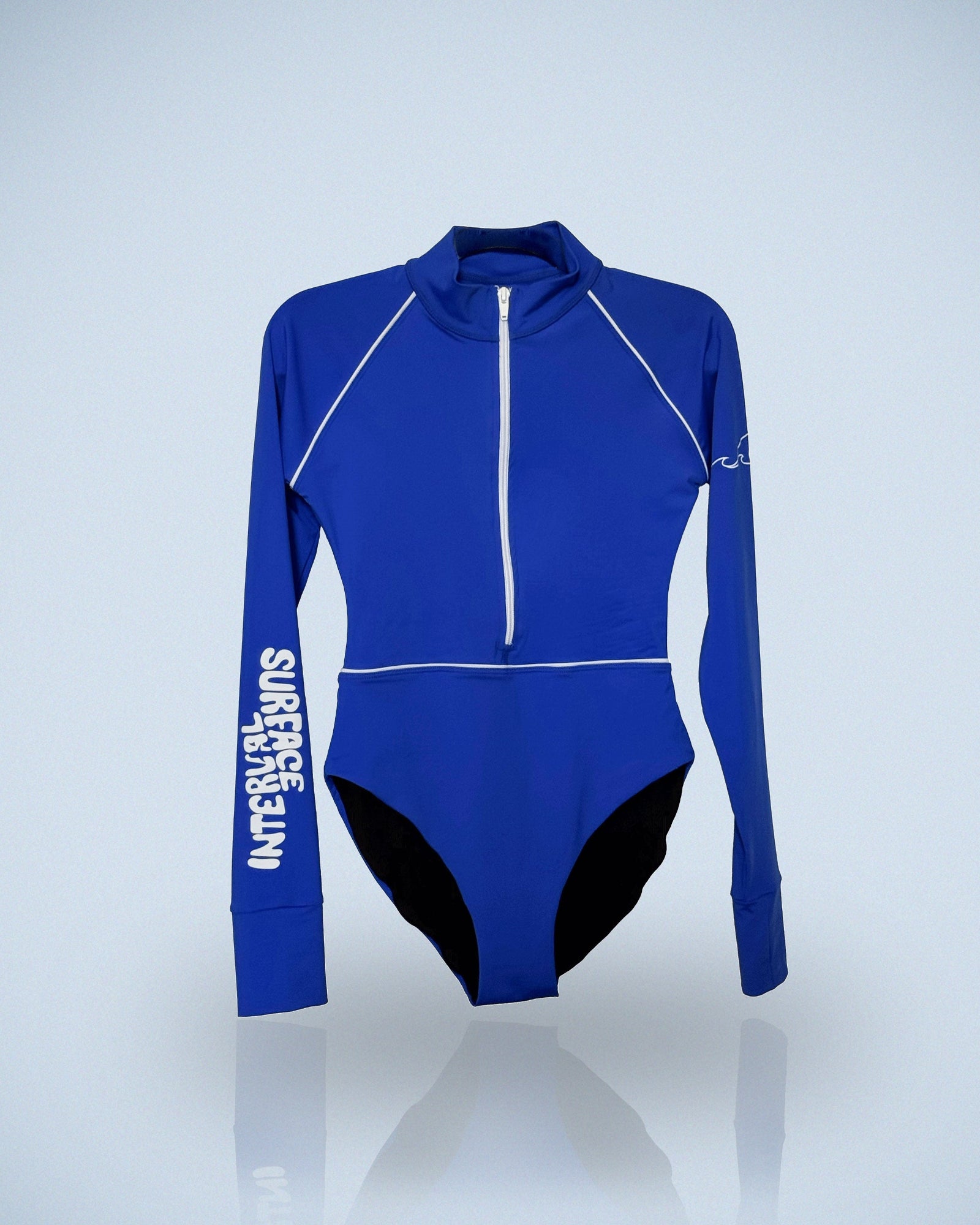 Women's blue one-piece rashguard swimsuit by Surface Interval made from recycled nylon, front view 