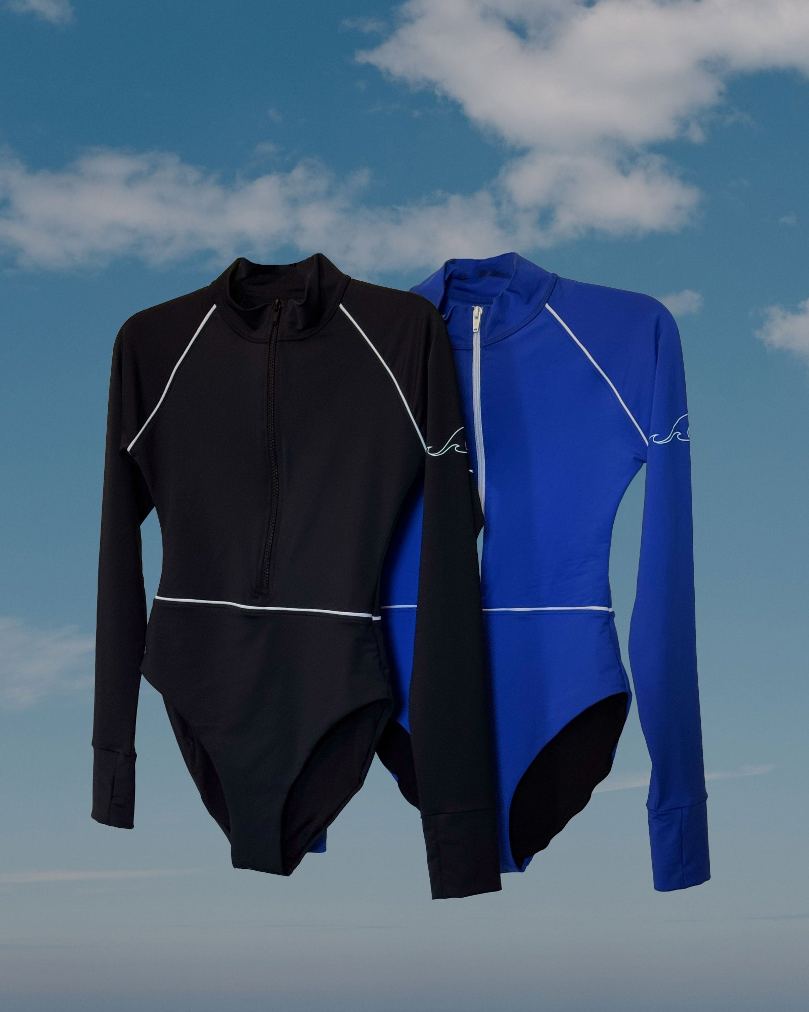 Front view of women's SI One-Piece Rashguard long sleeve swimsuit made from recycled ocean plastic