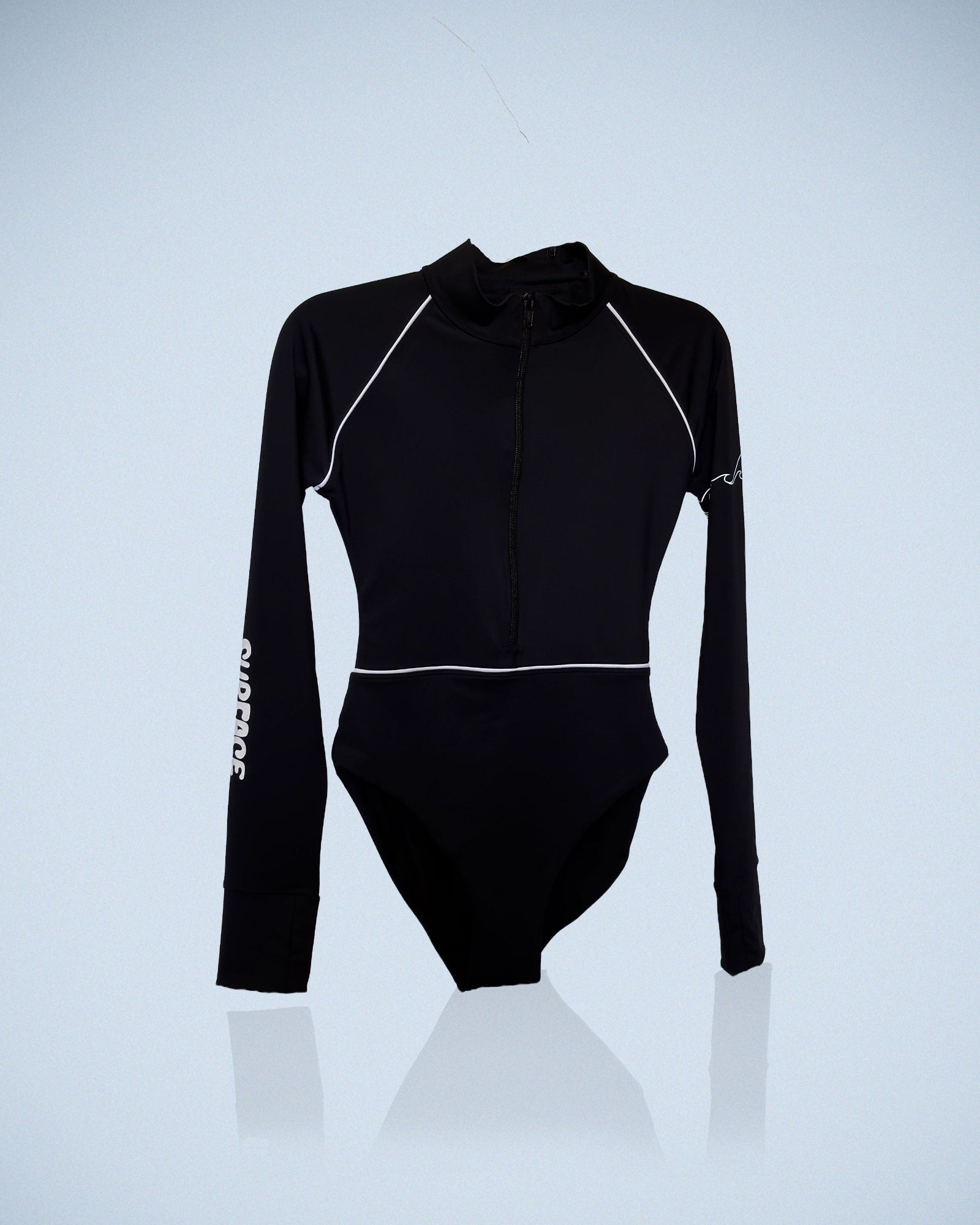 Front view of SI One-Piece Rashguard Black women's sustainable swimwear with long sleeves and athletic fit